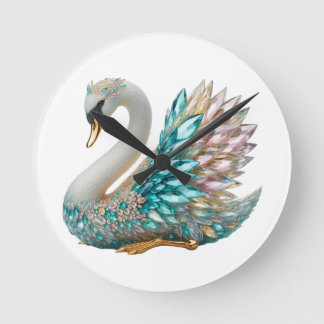 Relógio Redondo Cisne de Diamante Brilhante Cristal Dourado Bling