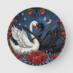 Relógio Redondo Cisnes Branco e Preto com Corações e Rosas