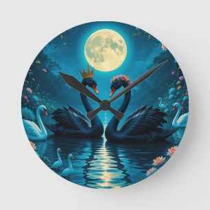 Relógio Redondo Cisnes Negros Elegantes Sob Lua Cheia