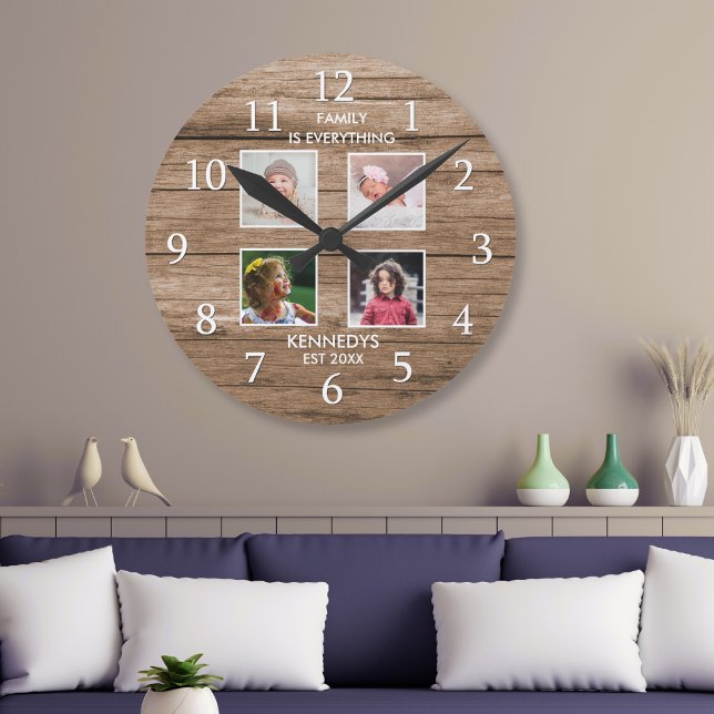 Relógio Redondo Citação do Nome da Família de Colagem de Fotografi (Rustic Wood 4 Photo Collage Family Name Quote Round Clock)
