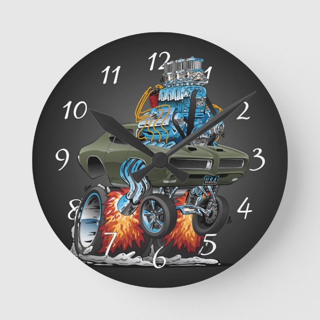 Relógio Redondo Classic American Muscle Car Hot Rod Cartoon (Frente)