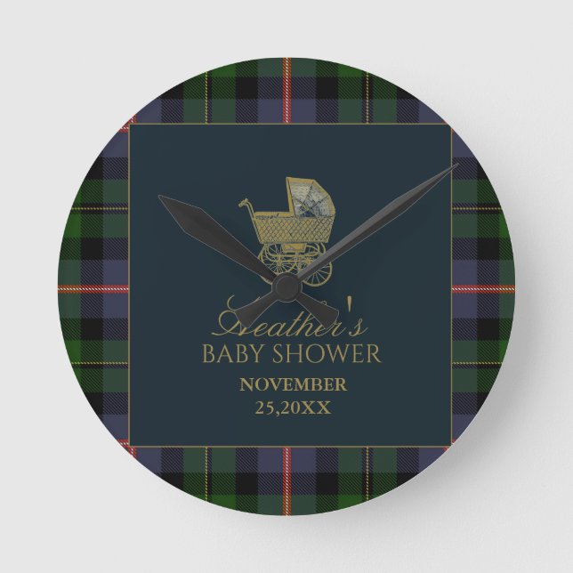 Relógio Redondo Classic Dark Green Blue Plaid Baby Shower (Frente)
