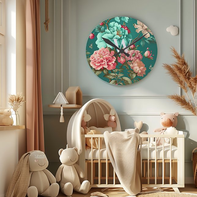 Relógio Redondo Clássico Romântico Monograma Floral em Teal e Rosa (Elegant Vintage Teal Blue Floral Monogrammed Wall Clock)