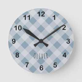 Relógio Redondo Clássico Xadrez Azul Gingham Elegante & Nome Perso
