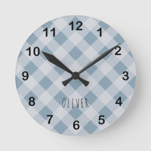 Relógio Redondo Clássico Xadrez Azul Gingham Elegante & Nome Perso