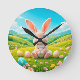 Relógio Redondo Coelho Adorável em uma Colorida Campina de Primave