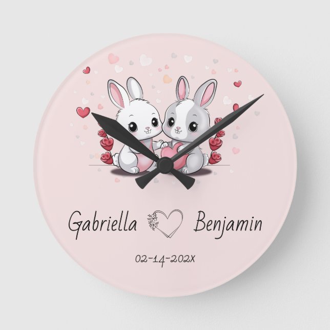 Relógio Redondo Coelho de Cartoon Bonito Amadurece Dia do Namorado (Frente)