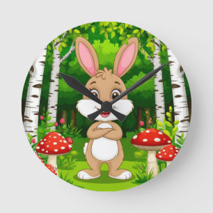 Relógio Redondo Coelho de desenho animado fofo em pé em uma flores