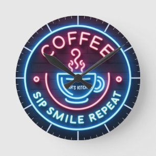 Relógio Redondo ☕ Coffeecore Coffee Meme Sip Smile Repetir