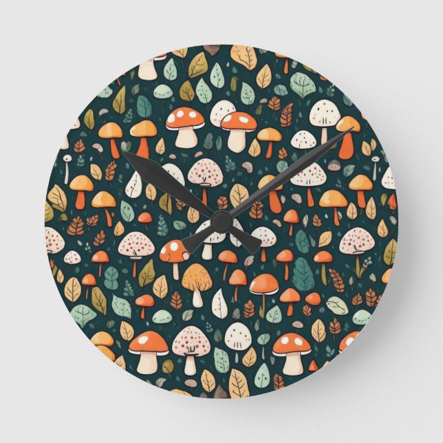 Relógio Redondo Cogumelos brancos folhas design (Frente)