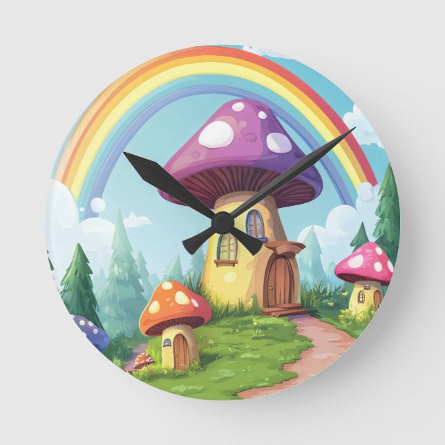 Relógio Redondo Cogumelos e arco-íris 14 (Frente)
