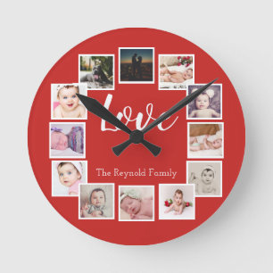 Relógio Redondo Colagem de Fotos 12 Vermelho Personalizado