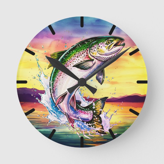 Relógio Redondo Colorful Jumping Rainbow Trout Clock (Frente)