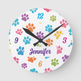 Relógio Redondo Colorful Paw Print Wall Clock with Custom Name 