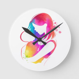 Relógio Redondo Colorful Watercolor Mother and Baby Wall Clock