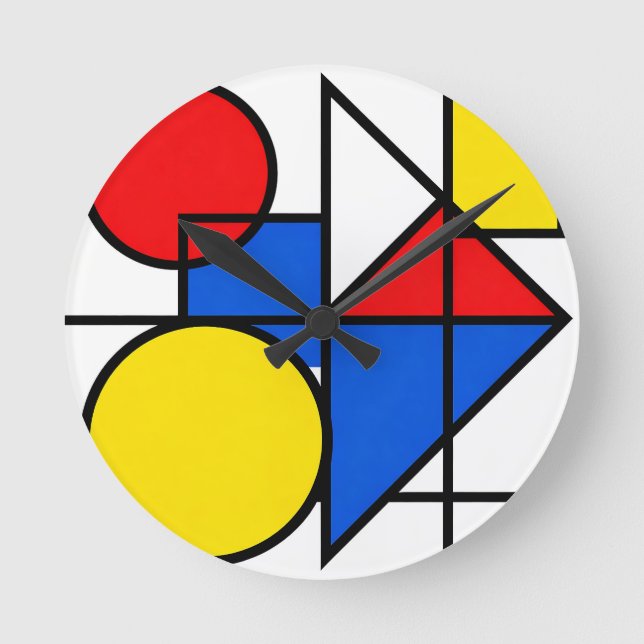 Relógio Redondo Composição de Cores Primárias de Mondrian (Frente)