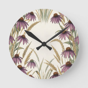 Relógio Redondo Coneflower Roxo de Trigo Botânico