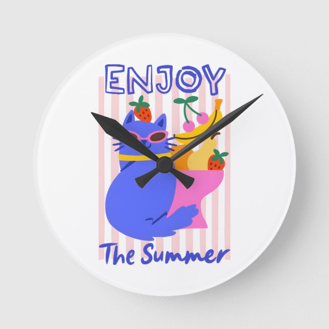 Relógio Redondo Cool Cat Enjoying the Summer (Frente)