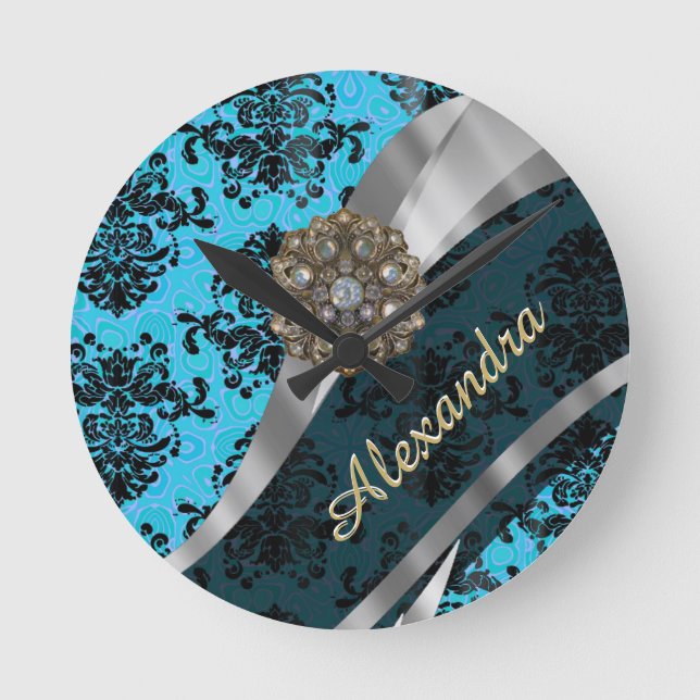 Relógio Redondo Cor damasco azul bonito personalizada (Frente)