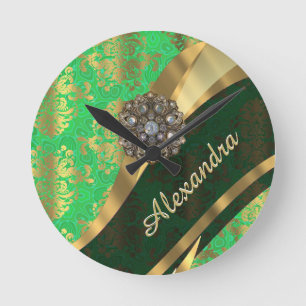 Relógio Redondo cor damasco verde-menina bonito personalizada