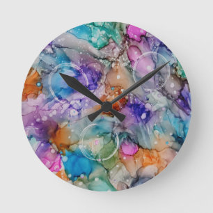 Relógio Redondo Cor de laranja, roxa, rosa, abstrato azul
