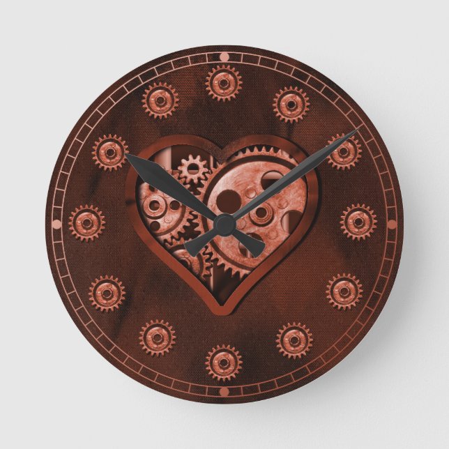 Relógio Redondo Coração de Engrenagem Steampunk (Frente)