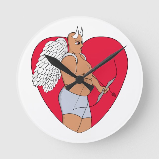 Relógio Redondo Coração Romântico com um Cupido Incomum (Frente)