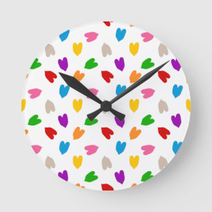 Relógio Redondo Corações Coloridos De Amor Padrão Design Branco