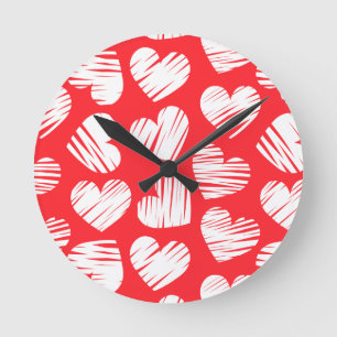 Relógio Redondo Corações de amor vermelho e branco