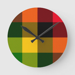 Relógio Redondo Cores Africanas Rasta Reggae Xadrez Padrão Design