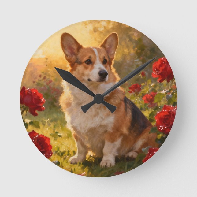 Relógio Redondo Corgi nas Rosas III (Frente)