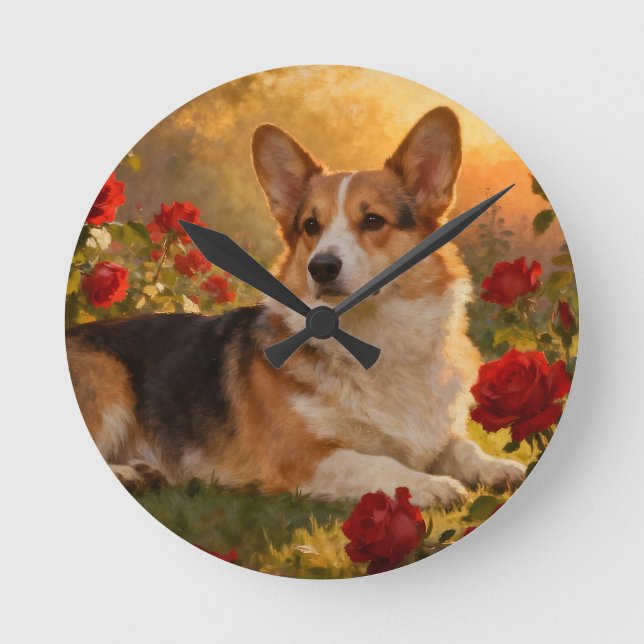 Relógio Redondo Corgi nas Rosas VI (Frente)