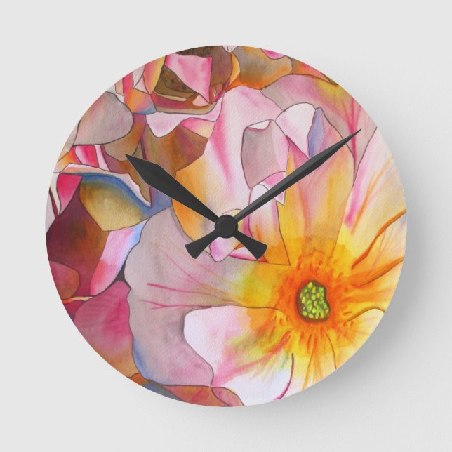Relógio Redondo Cornelia pastel rosa rosa rosa com aquarela (Frente)
