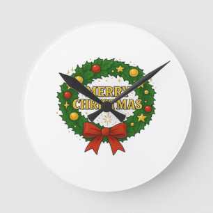 Relógio Redondo Coroa de Natal Dourada – Vermelho Verde Dourado Fe