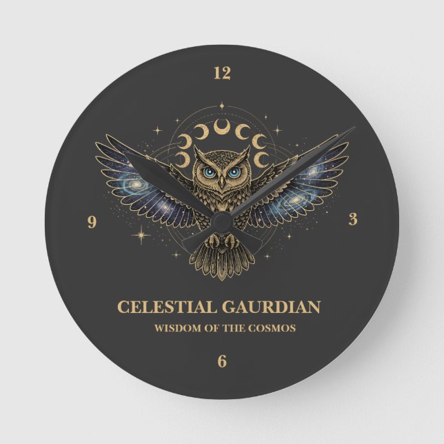 Relógio Redondo Coruja Celestial Guardiã Cósmica (Frente)