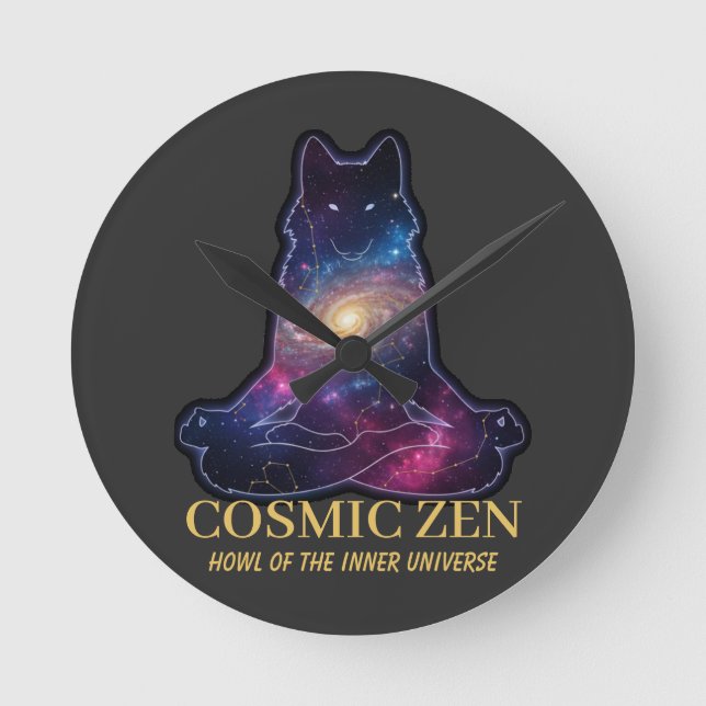 Relógio Redondo Cosmic Zen Wolf – Meditating Galaxy (NO NUMBERS) (Frente)