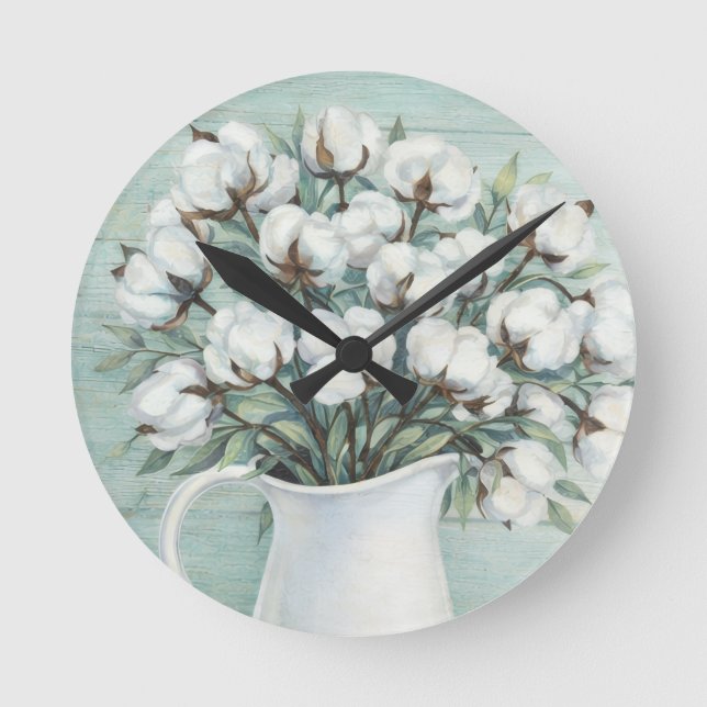 Relógio Redondo Cotton Flowers Farmhouse Rustic Wall Clock (Frente)