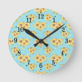 Relógio Redondo Country Powder Blue Yellow Sunflowers Wall Clock