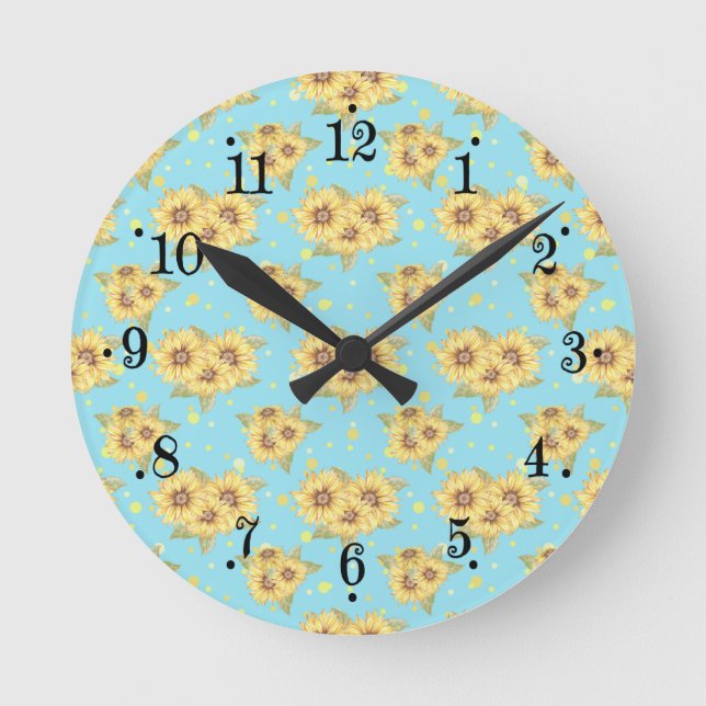 Relógio Redondo Country Powder Blue Yellow Sunflowers Wall Clock (Frente)