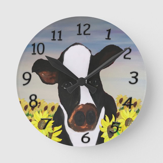 Relógio Redondo Cow and sunflowers country clock (Frente)