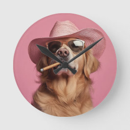 Relógio Redondo Cowboy Dog Wall Clock with Hat and Sunglasses - Hu
