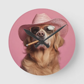 Relógio Redondo Cowboy Dog Wall Clock with Hat and Sunglasses - Hu