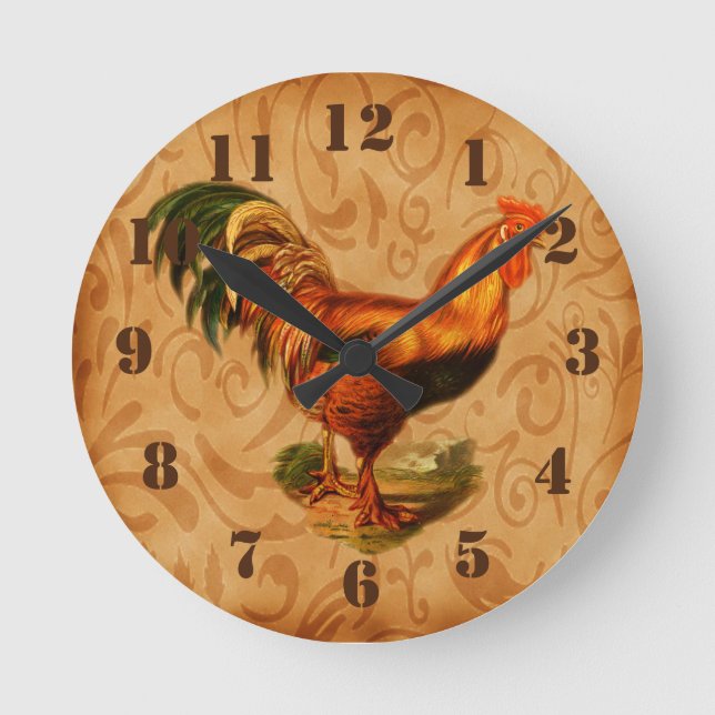 Relógio Redondo Cozinha Ornamentado Rustic Country Rooster (Frente)