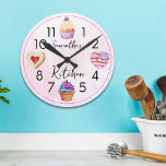 Relógio Redondo Cozinha Personalizada de Aquarela Cor-de-Água Rosa<br><div class="desc">Relógio de cozinha personalizado com doces e doces de cor d'água e doces.</div>