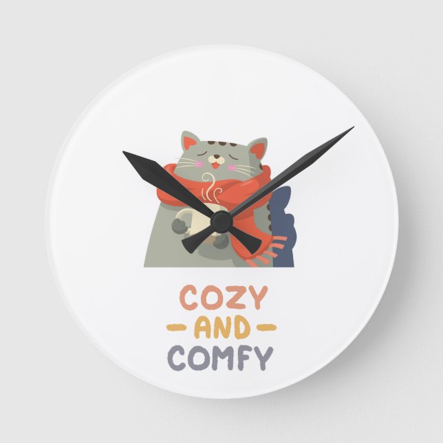 Relógio Redondo Cozy e Comfy Cat Orange Scarf Winter Warm Cuz (Frente)