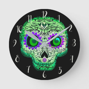 Relógio Redondo Cranio de Açúcar Preto Brilhante Verde e Roxo de H