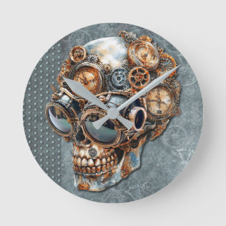 Relógio Redondo Crânio Steampunk Laranja e Cinza Teal Vintage