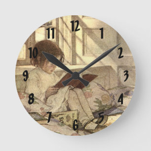 Relógio Redondo Criança Vintage lendo um livro, Jessie Willcox Sm