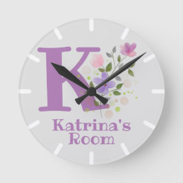 Relógio Redondo Crianças Bloqueio de Quarto com Nome e Inicial