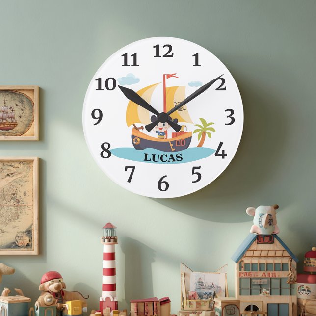 Relógio Redondo Crianças Cute Personalizado Navio Pirata Ahoy-Mate (Criador carregado)